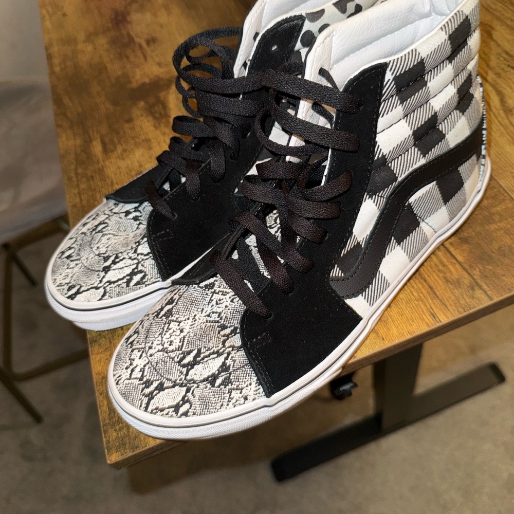 Vans Black and White Checkered Sneakers with Snake Pattern